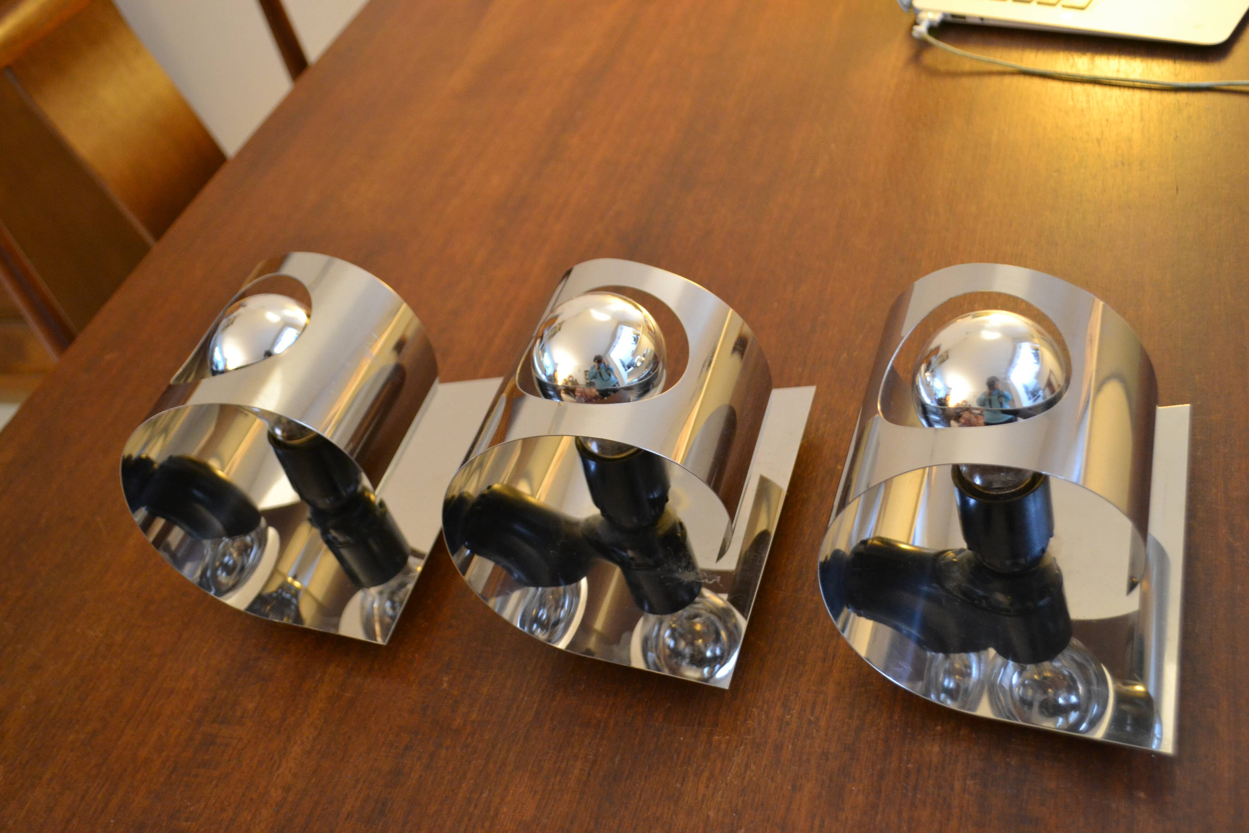3 70s chrome metal wall lights