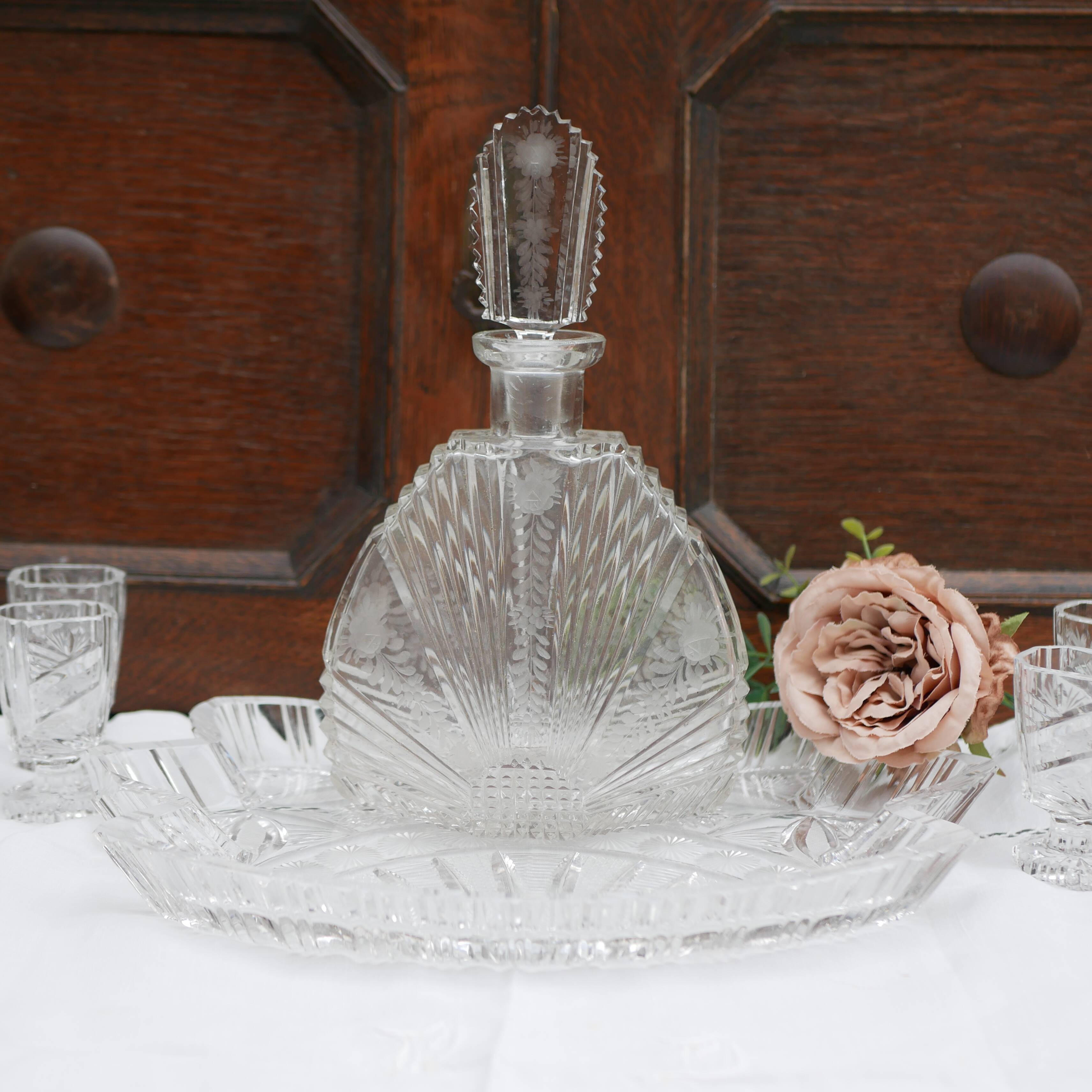 Bavarian liqueur decanter, six glasses and tray
