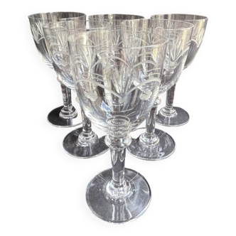 6 White wine or port glasses in blown, cut and engraved crystal