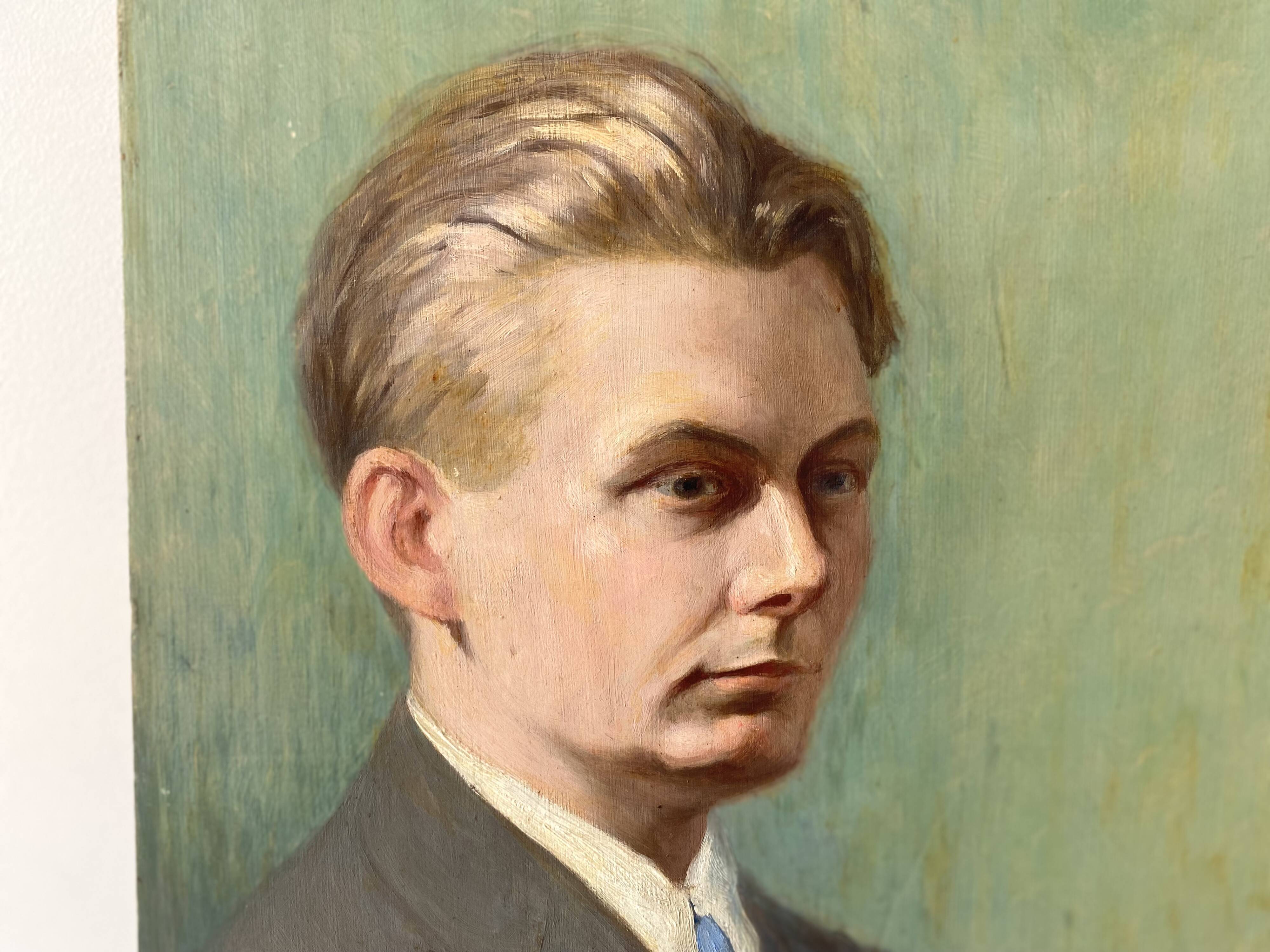 Old portrait in oil on panel 1920, vintage painting of a man signed Cagnet