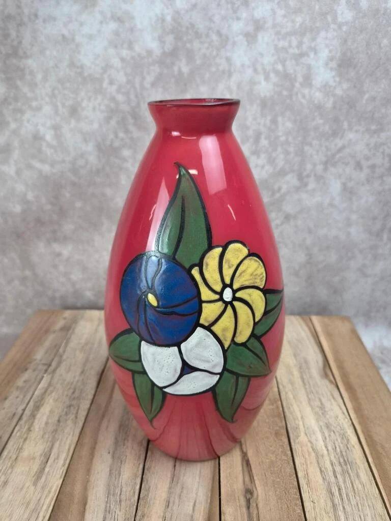 Vintage red glass vase – hand-painted floral decoration – signed Ar