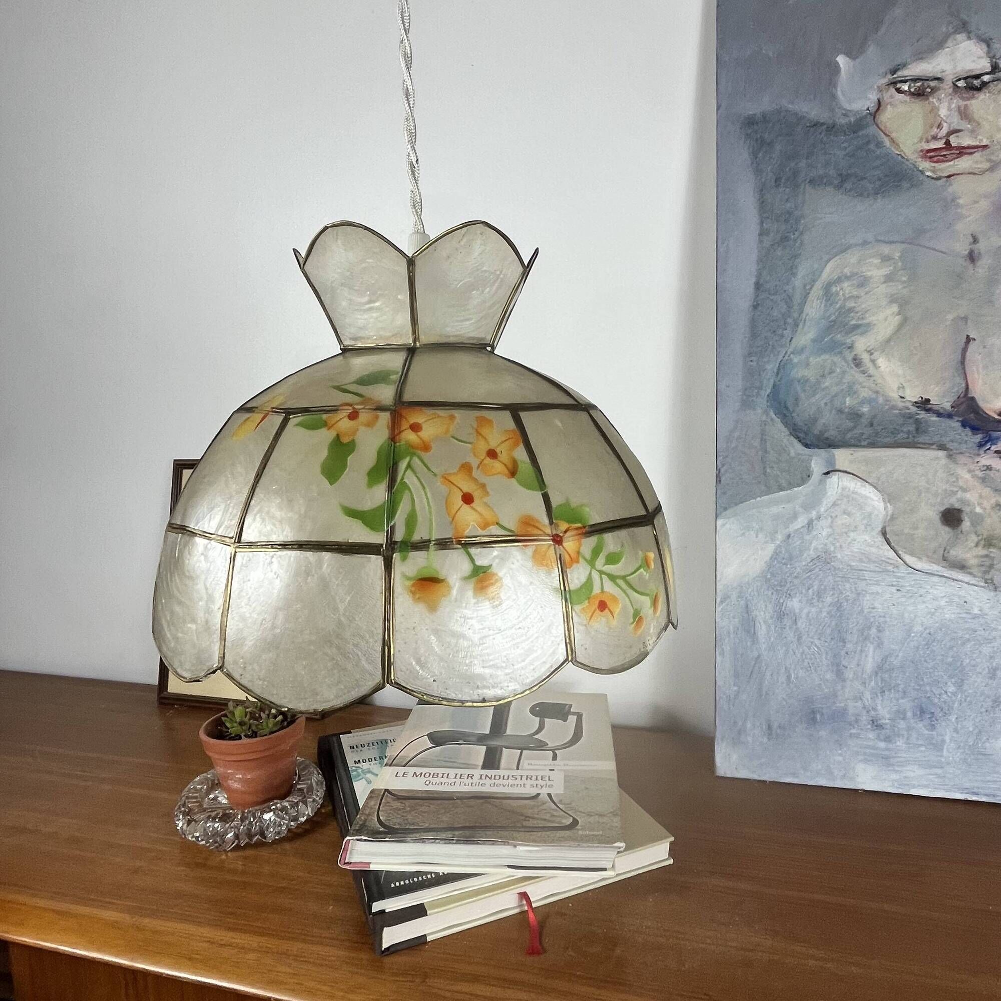 Capiz shell pendant light with flowers