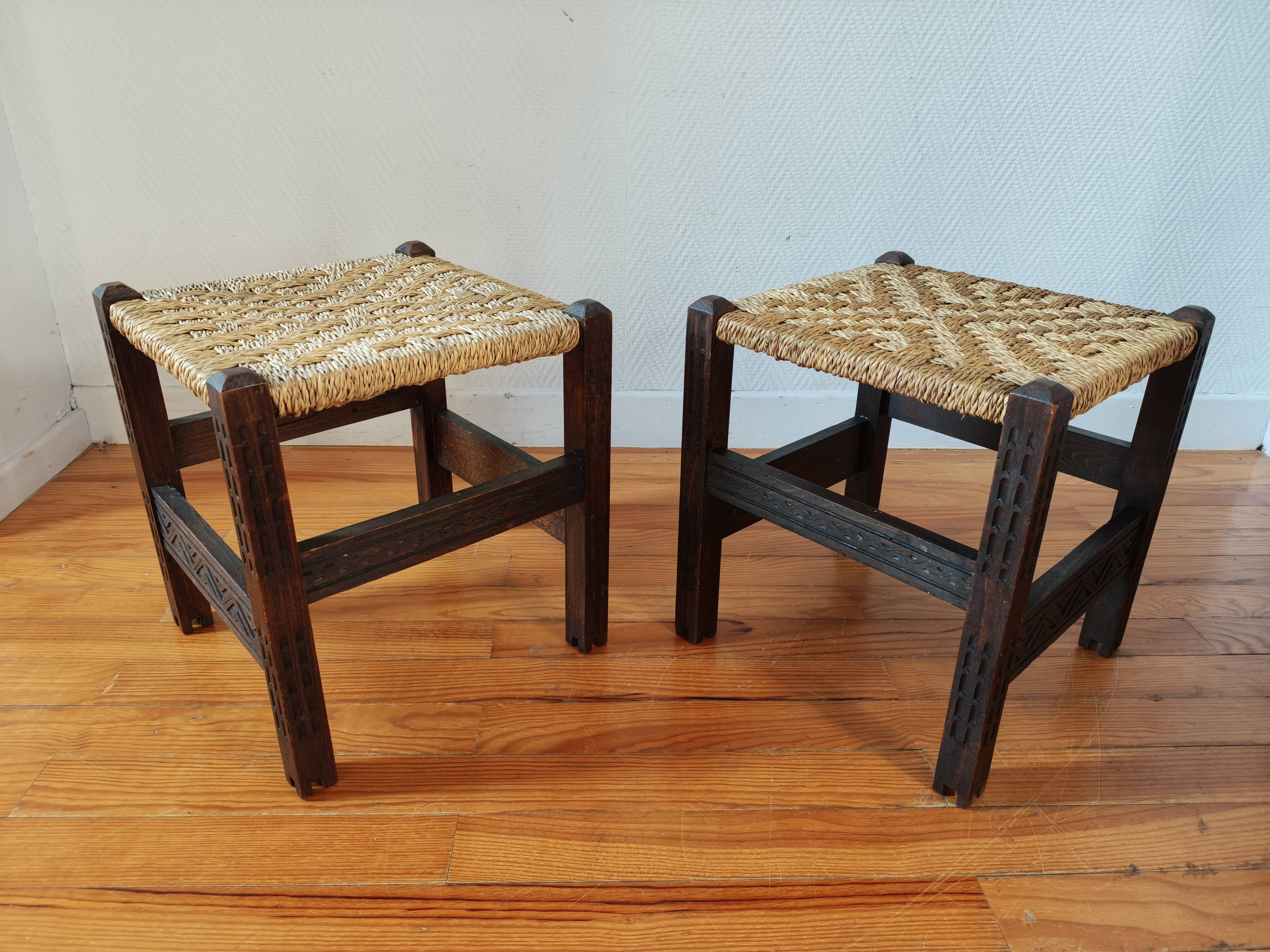 Pair of handcrafted stools from Friuli in carved wood, Italy, circa 1960.