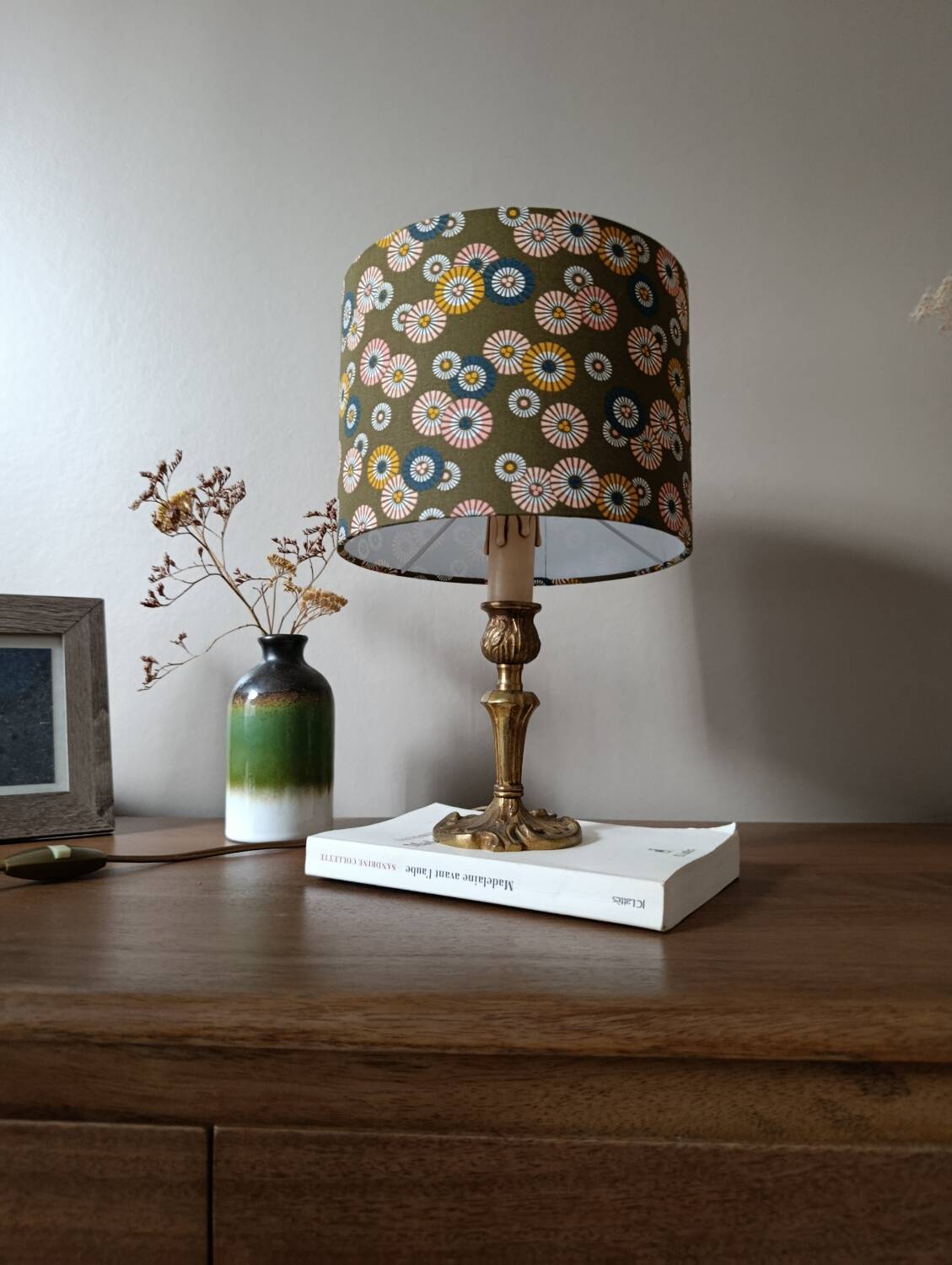brass table lamp | khaki lampshade with multicoloured daisies
