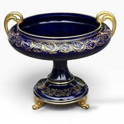 Grande coupe / centre de table bleu de Sèvres et or faïence de Tours signée