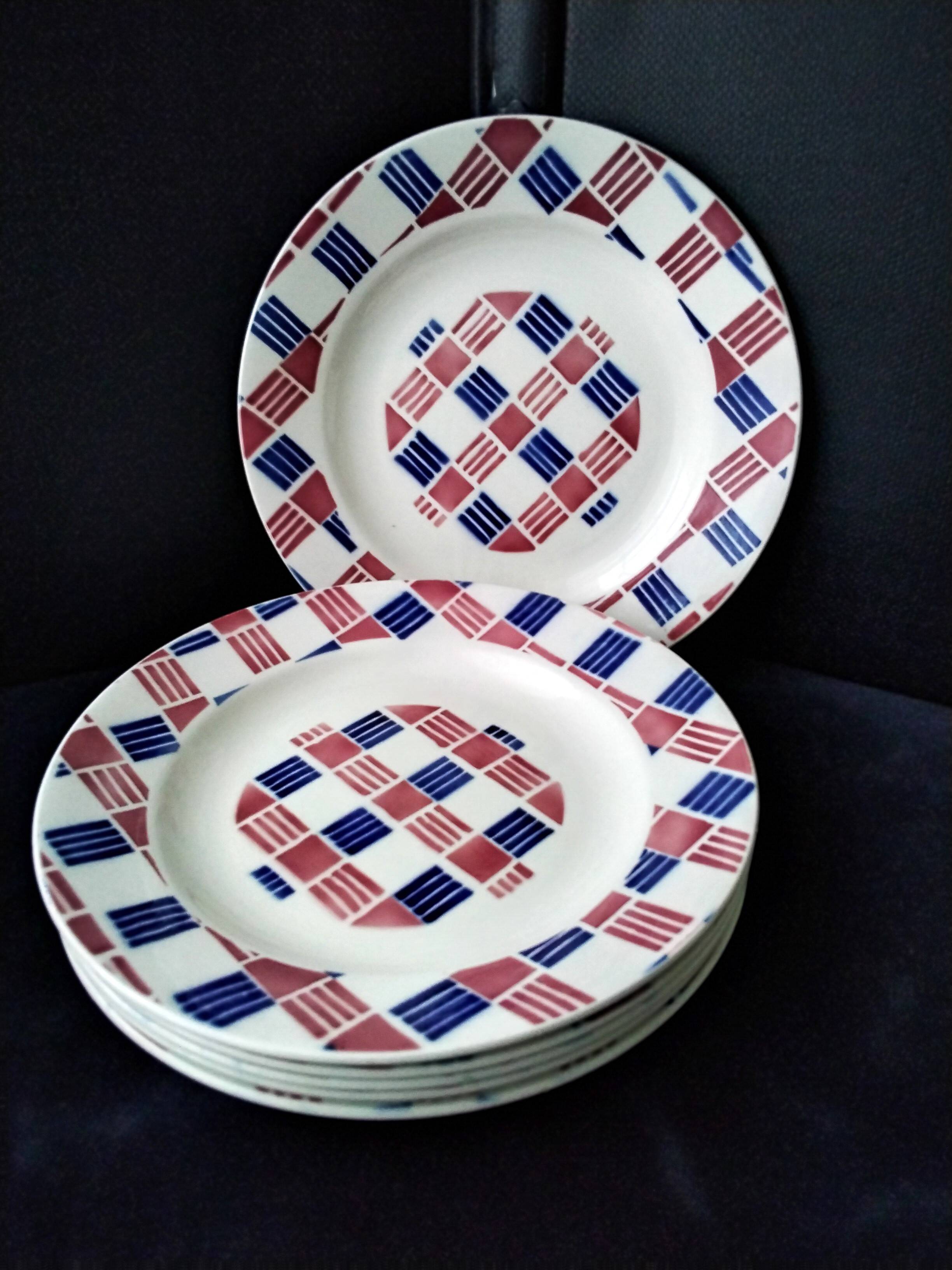 6 flat plates in Saint Amand earthenware Art Deco style
