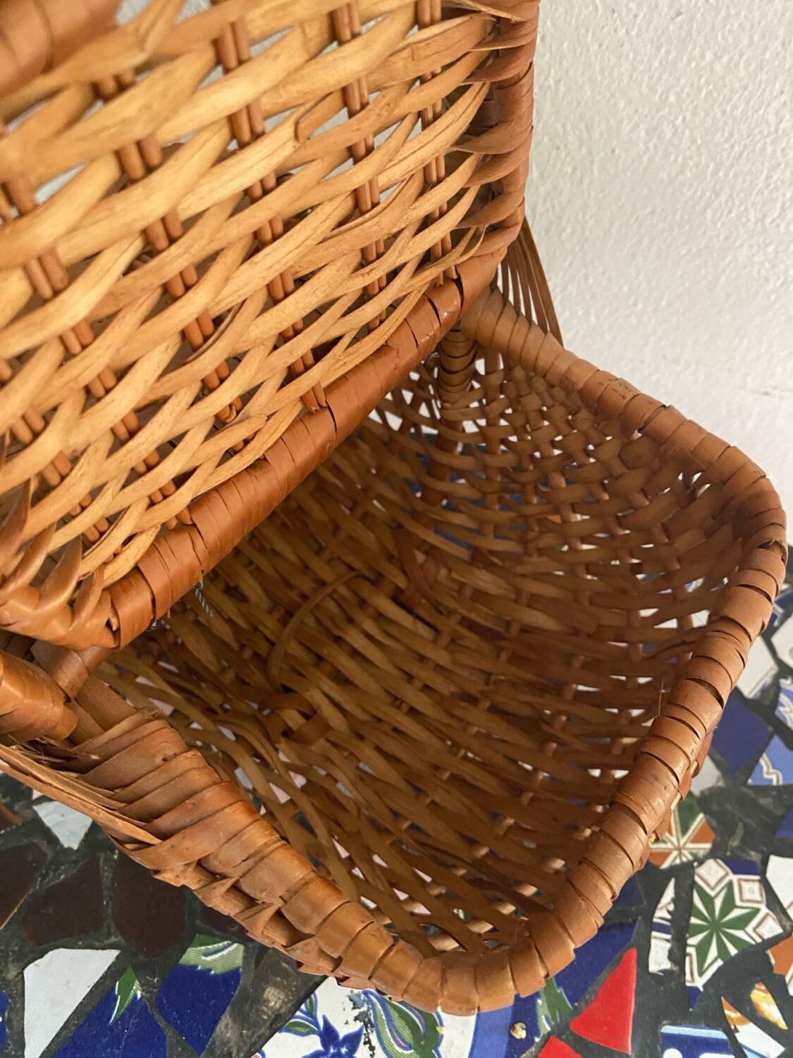 Brown woven vintage wicker basket with 2 lids.