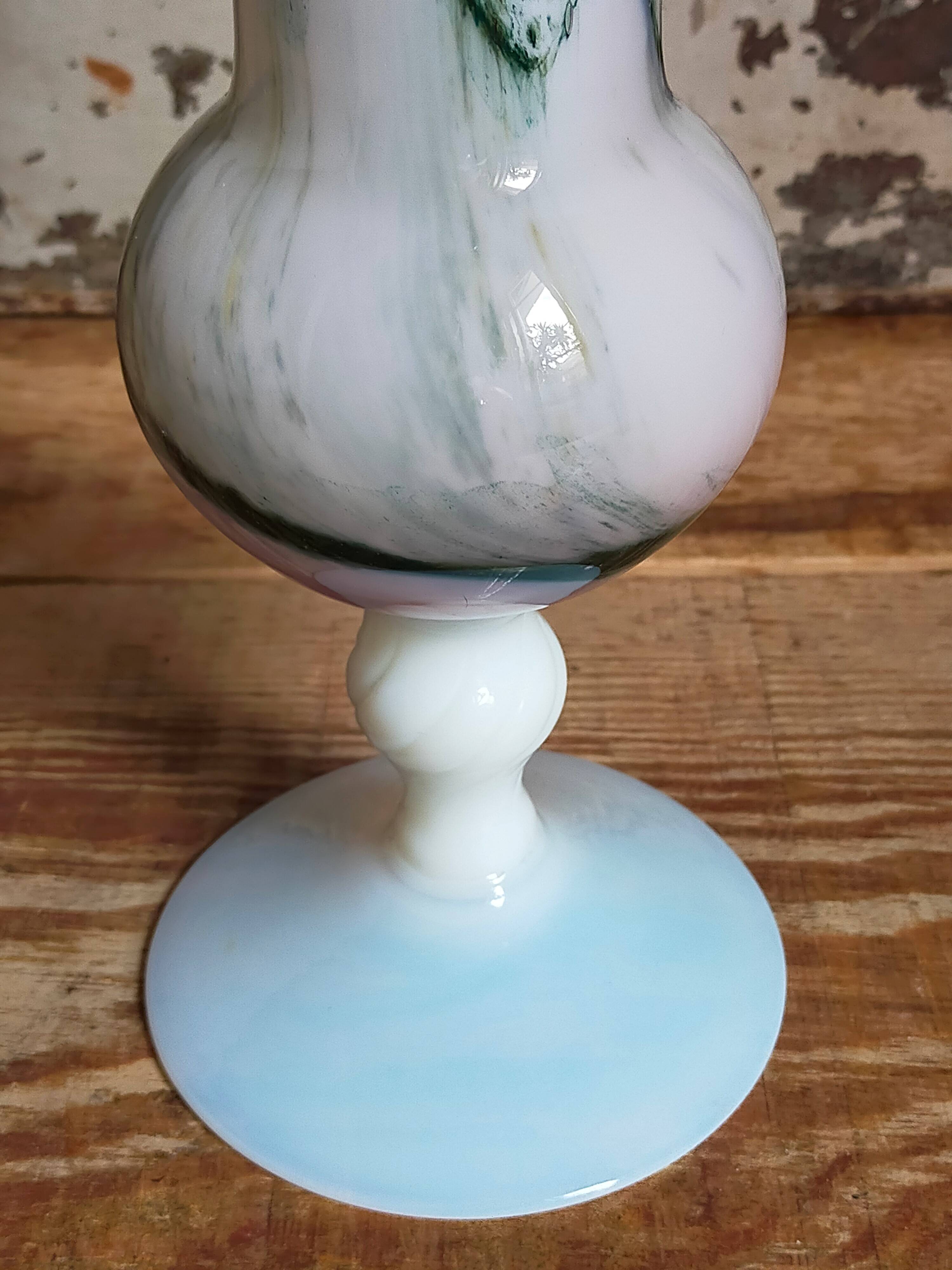 Vase on foot in opaline and vintage blown glass 30 cm