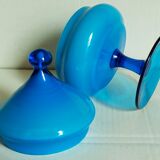 Covered pot on foot in vintage blue opaline