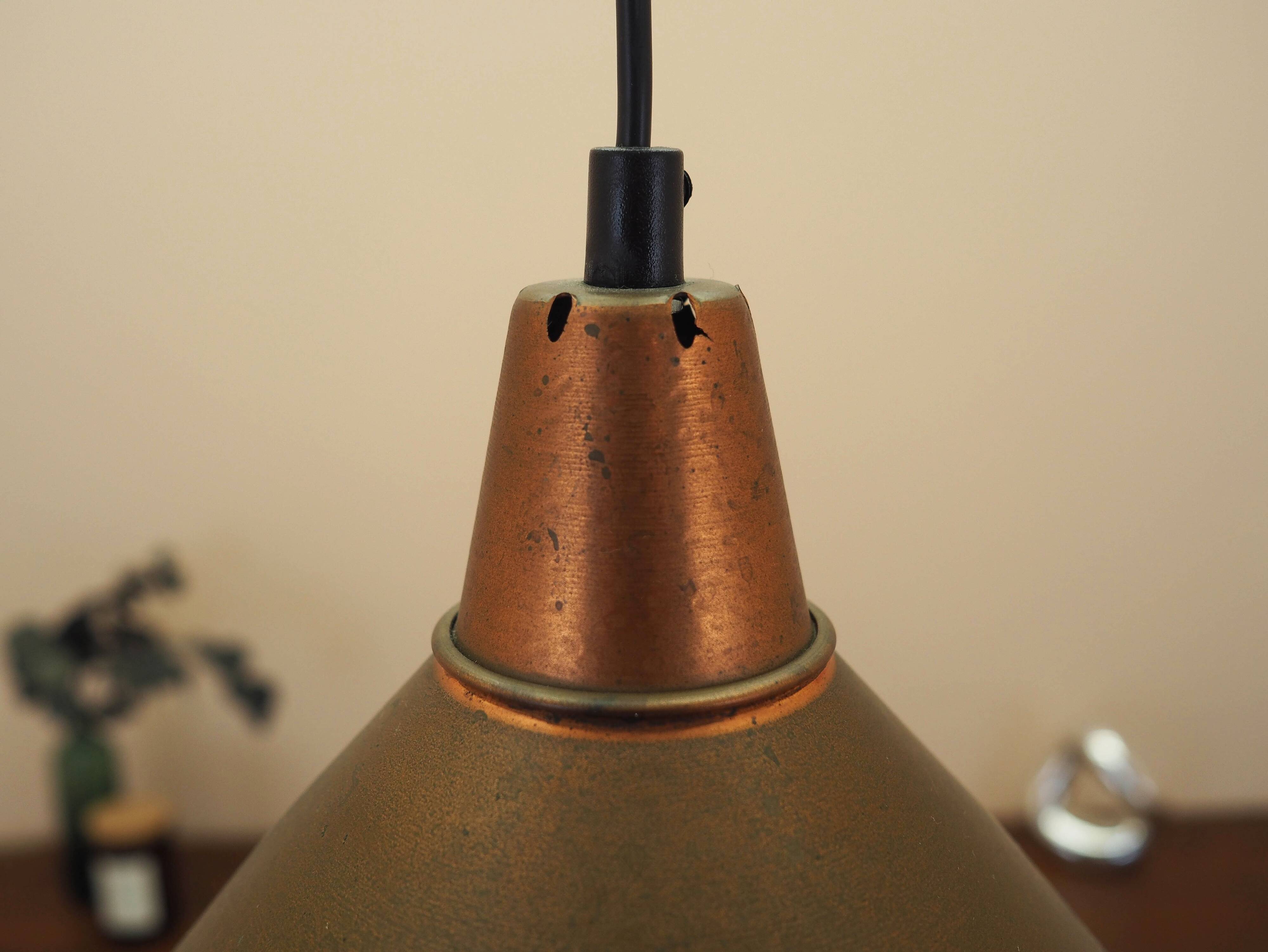 Danish Brass Pendant Lamp, Industrial Cone Shade, 1960s