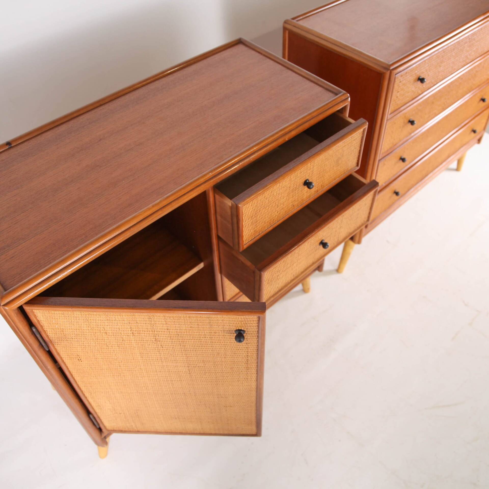Pair of rattan and wood bedside tables
