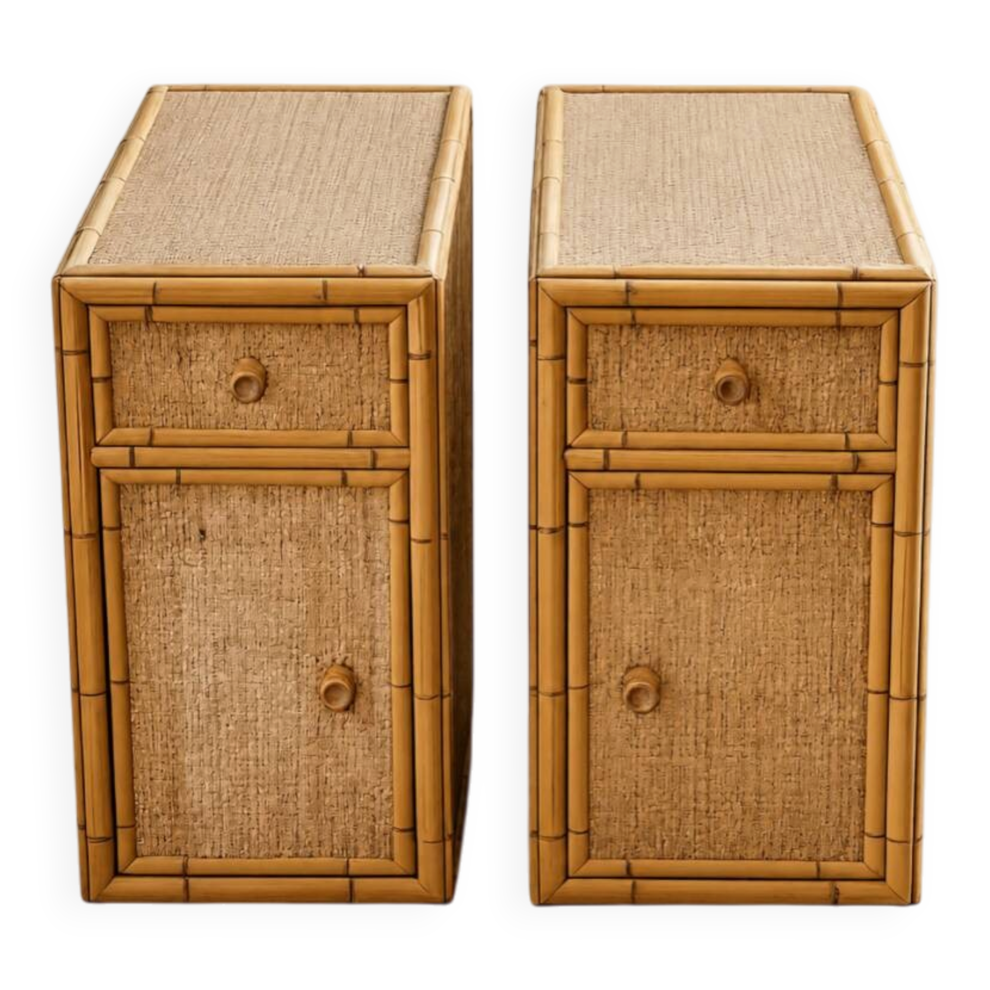 Pair of side tables / Bamboo and cane bar furniture (1970s)
