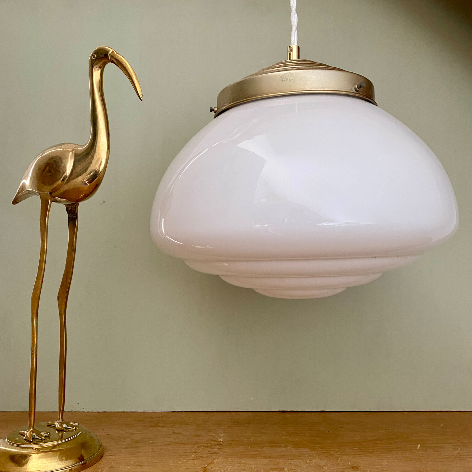 Vintage XXL art deco globe pendant light in white opaline