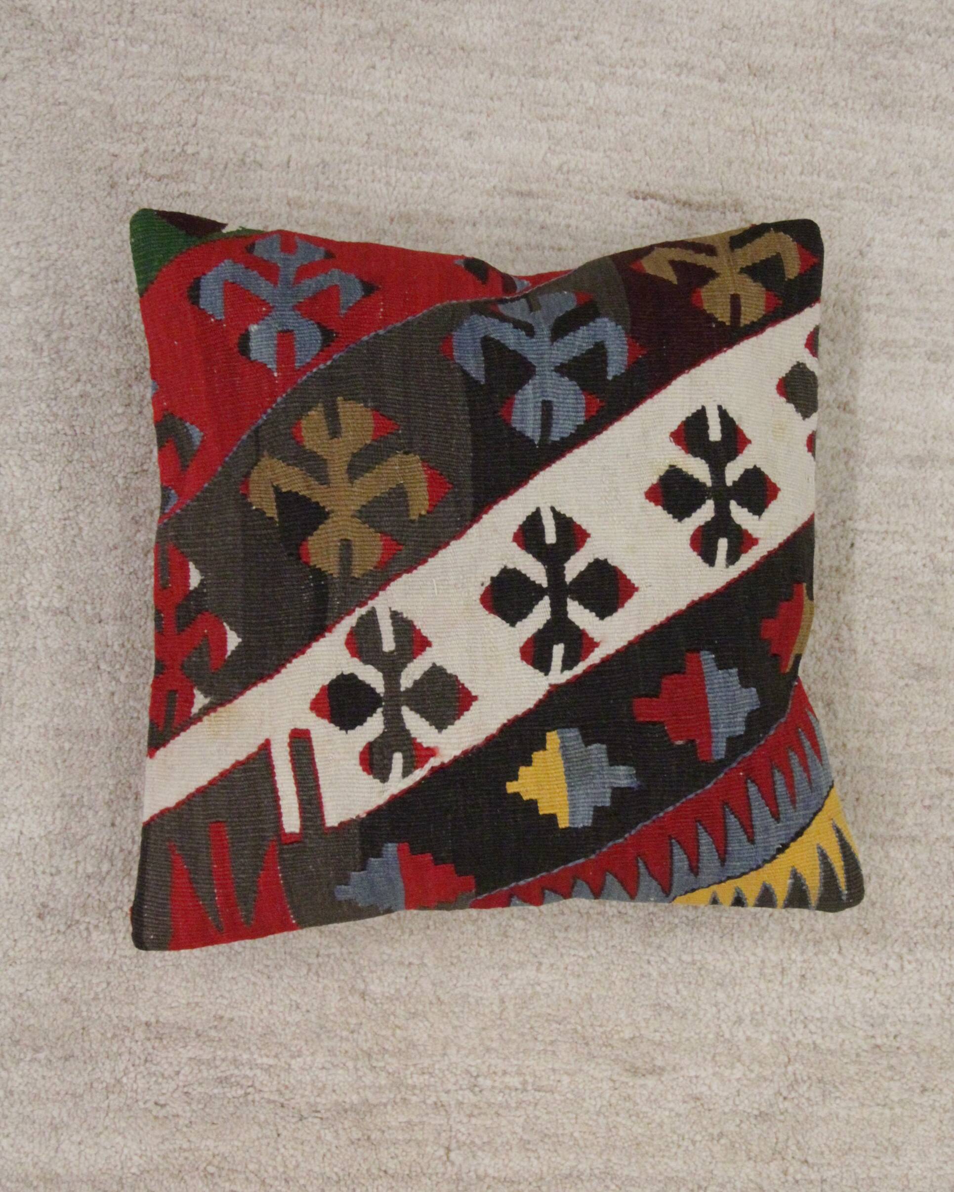 A Pair of Antique Turkish Flatwoven Kilim Cushion Cover, Geometric Pillow