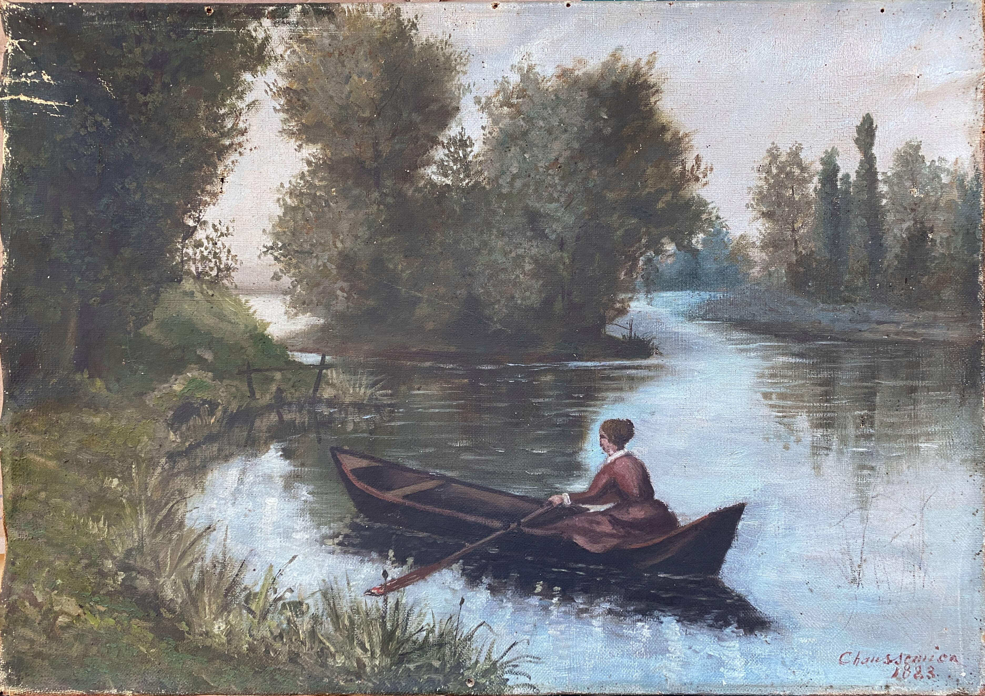 HST painting "River walk" 1883 signed Chaussemier for restoration