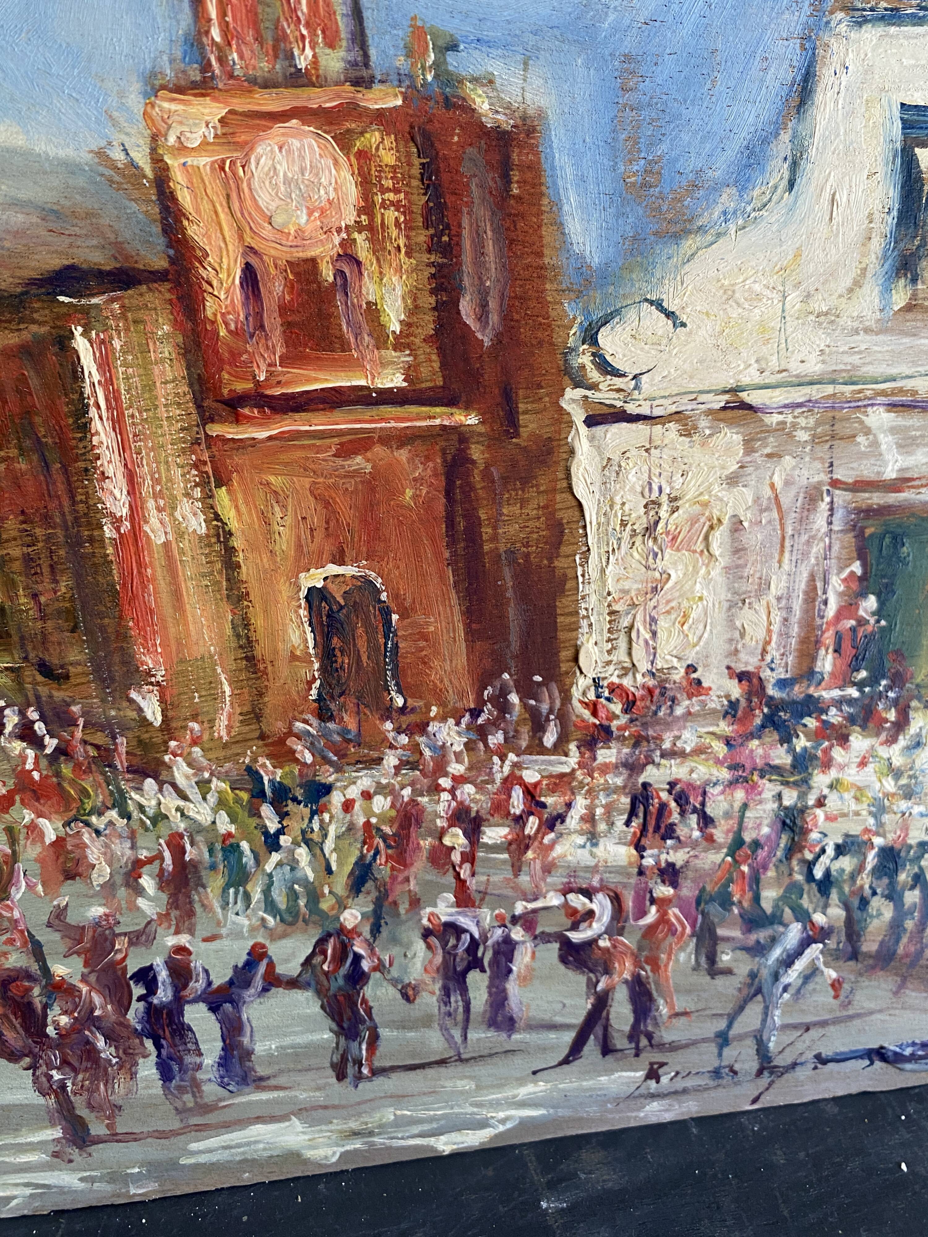Oil on wood, “village festival”, Italy, 1960s