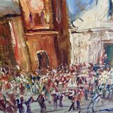 Oil on wood, “village festival”, Italy, 1960s