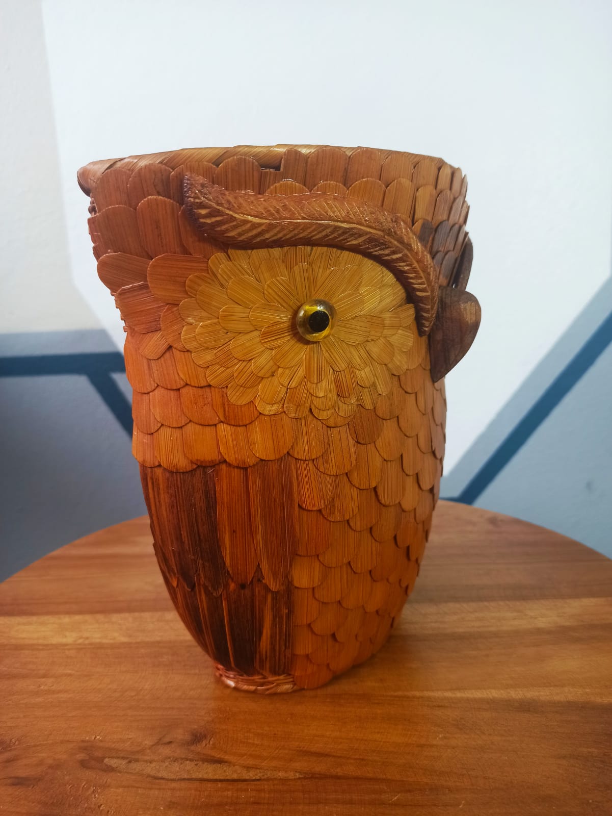 Vintage wall basket, wicker owl and bamboo