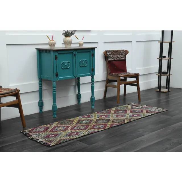 1970s Vintage Turkish Oushak Handmade Wool Cotton Purple Runner Rug 62x206