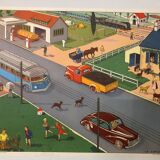 Vintage school poster of the restaurant and traffic