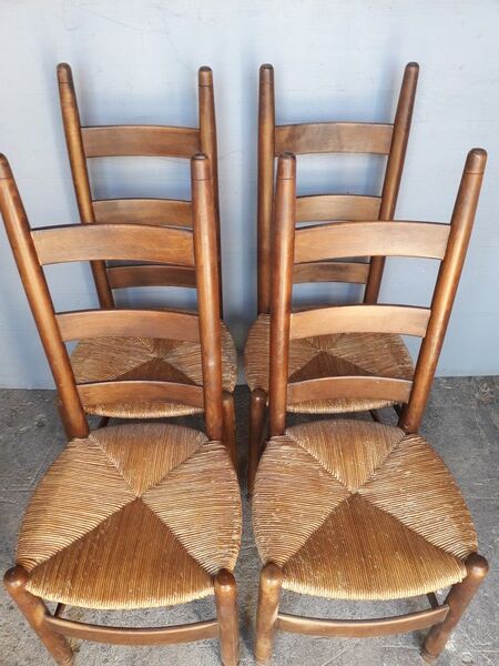 4 modernist chairs design wood and straw era 1960/70