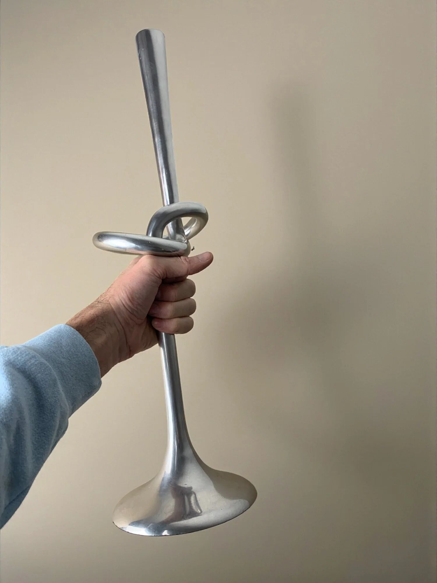 XL knotted candlestick in solid aluminium, Italy, 1980