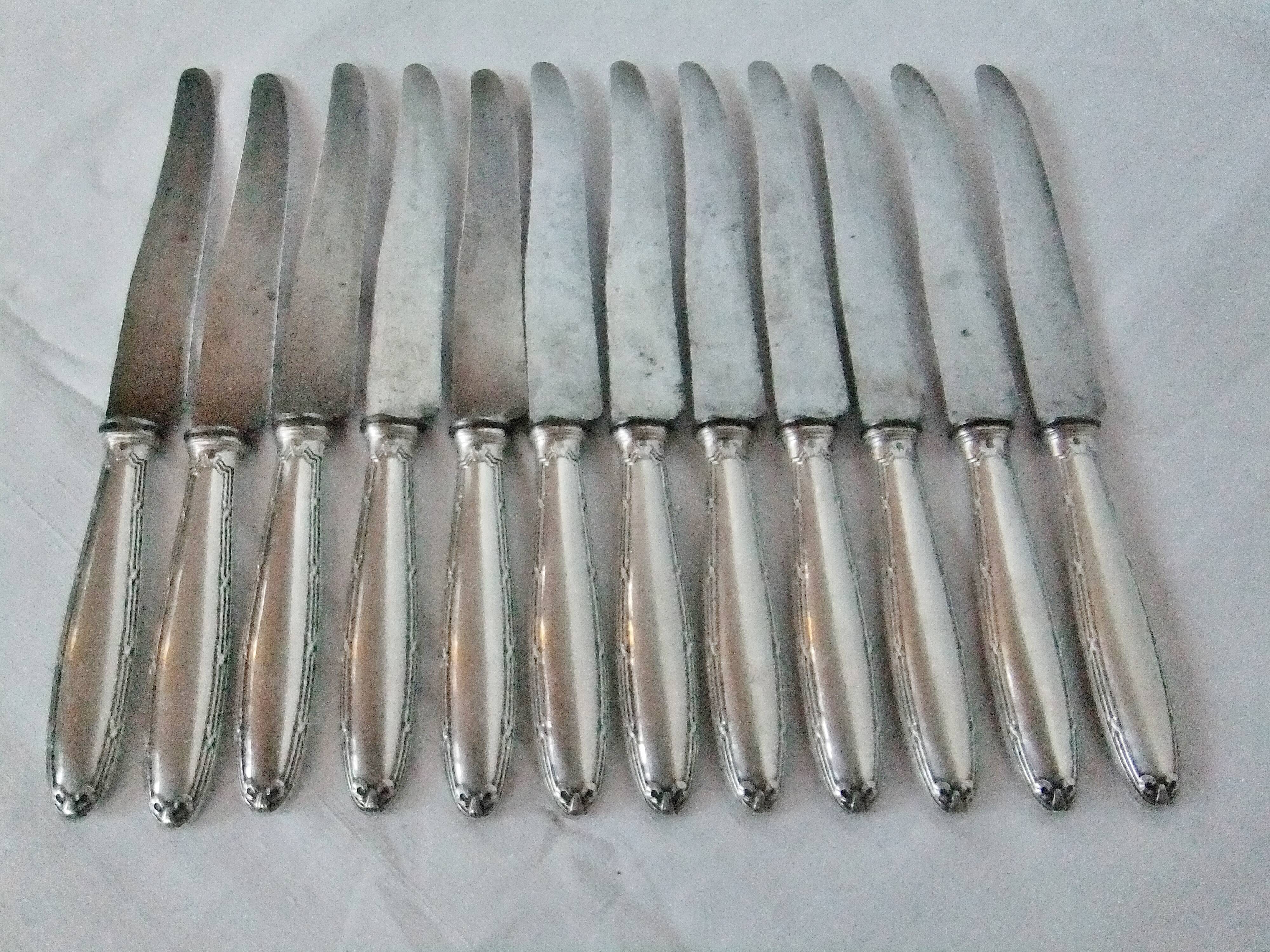 12 Christofle table knives Louis XVI bow ribbon Silver metal punch balance steel blade