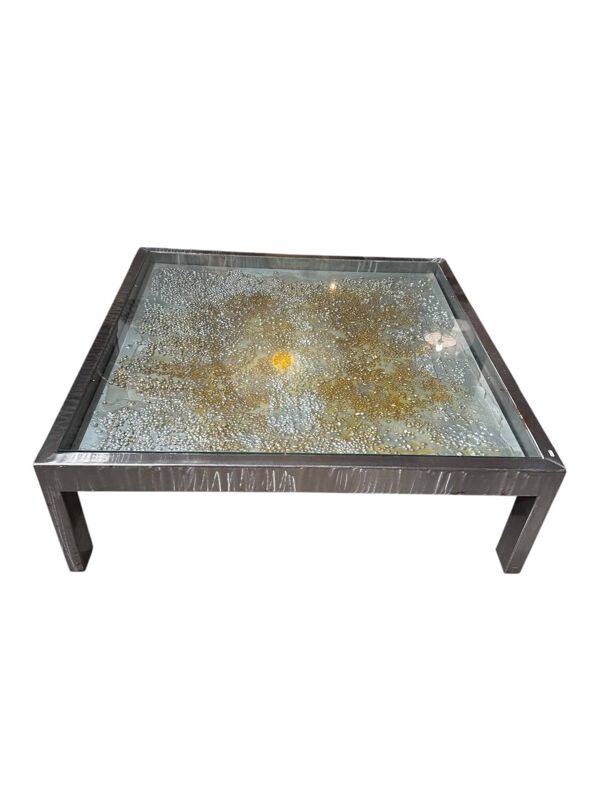 Rare Jenkell dite ''Jenk'' - Table basse unique signée en métal, verre et toile enchâssée