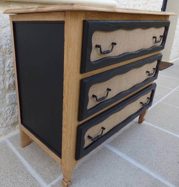 Solid wood 3 drawer chest of drawers in natural and black wood with drawer