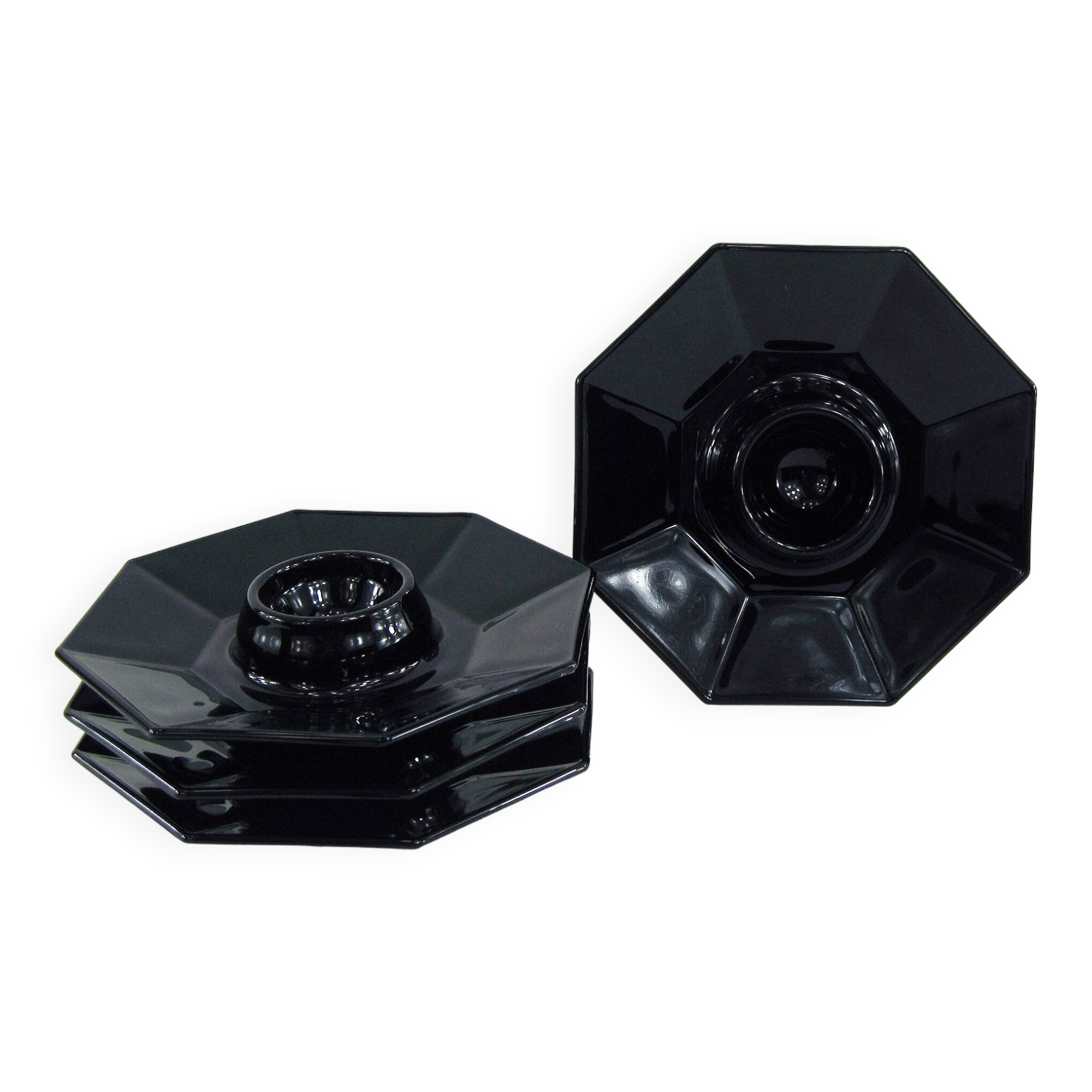 4 egg cups in opal and black tempered glass - Octime Arcoroc Luminarc France - vintage 80s