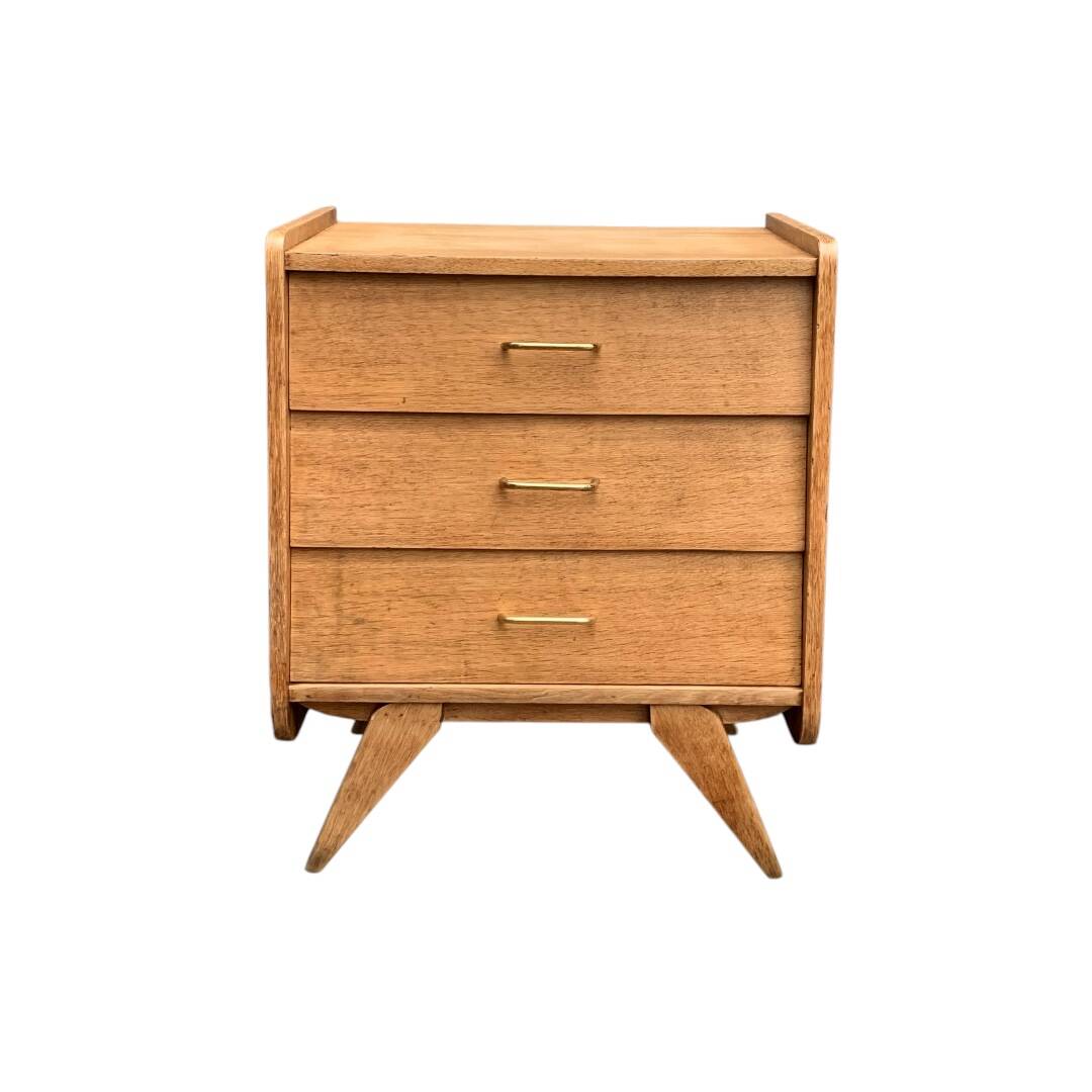 Vintage chest of drawers with compass feet, raw oak, 1960