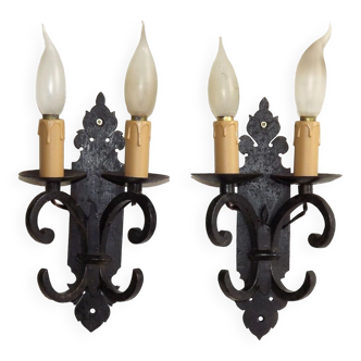 Pair French Vintage Hand Forged Wrought Iron Black Double Wall Lights 4436