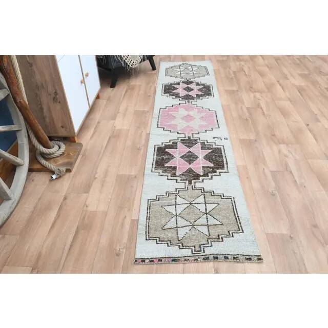 Vintage Turkish Oushak Pink Brown Wool Rug 72x312