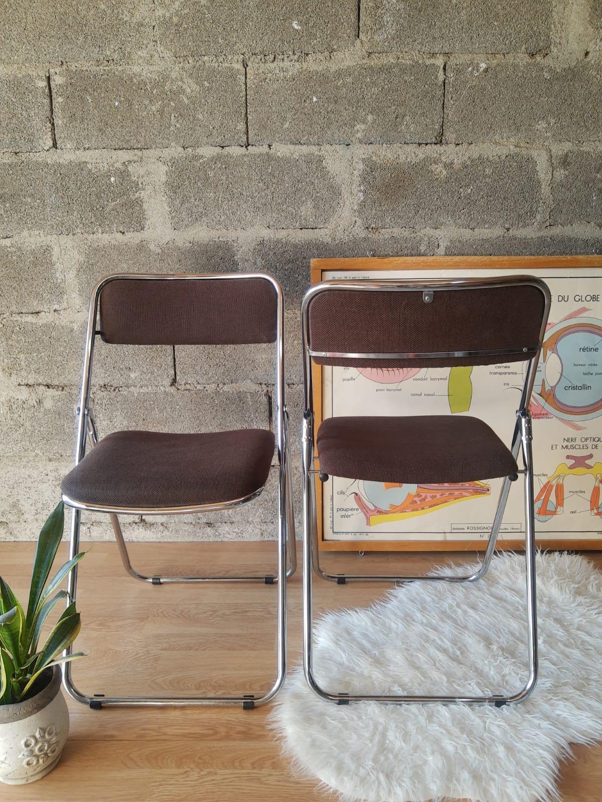 Set of two folding chairs in brown and metal fabric - vintage