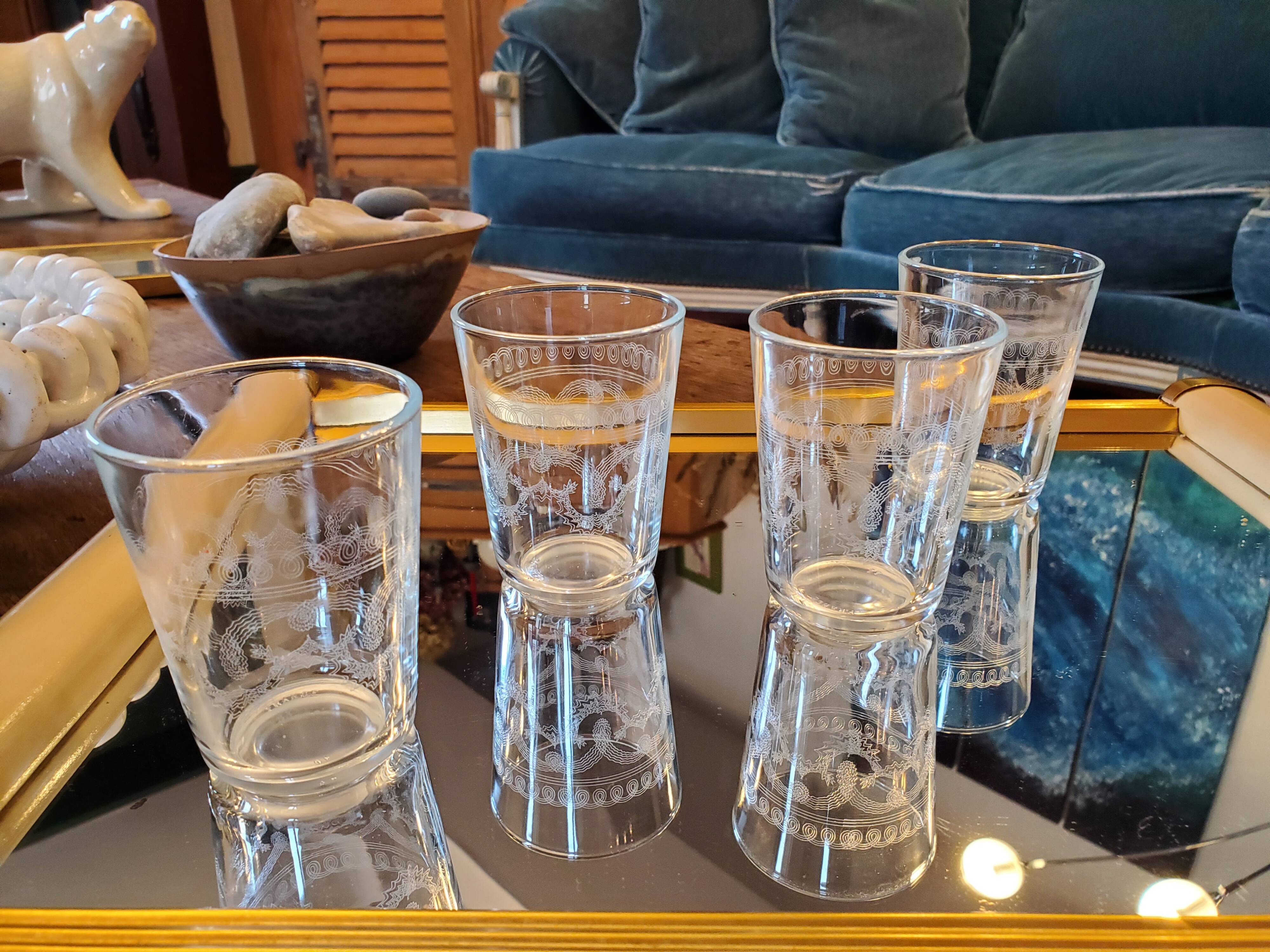 4 chiseled water glasses decoration arabesques and scrolls
