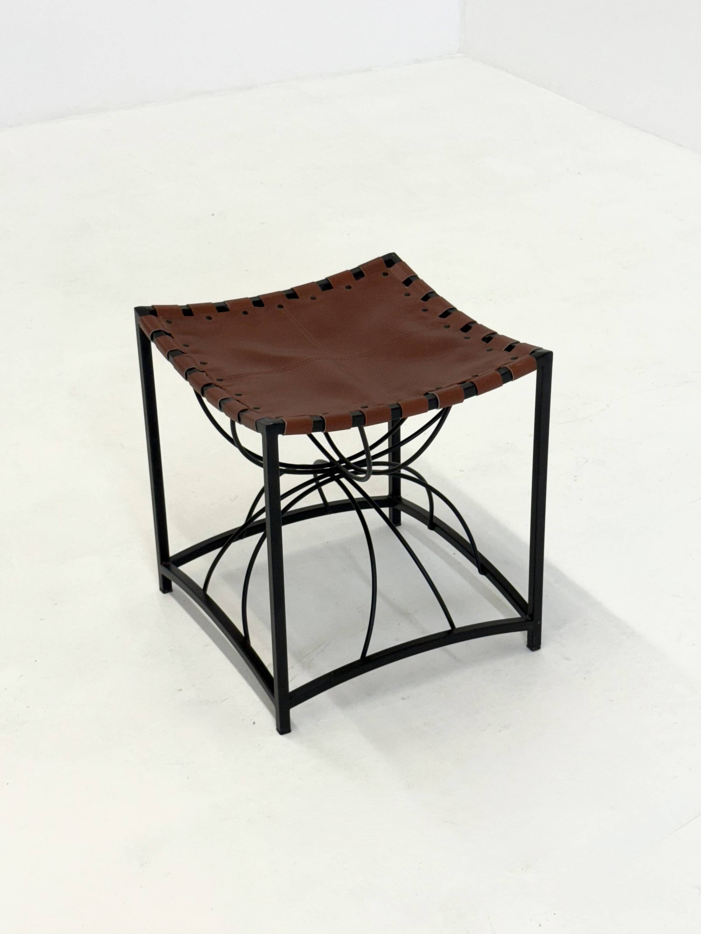 French elegant vintage stool with black metal and brown leather