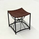 French elegant vintage stool with black metal and brown leather
