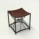 French elegant vintage stool with black metal and brown leather