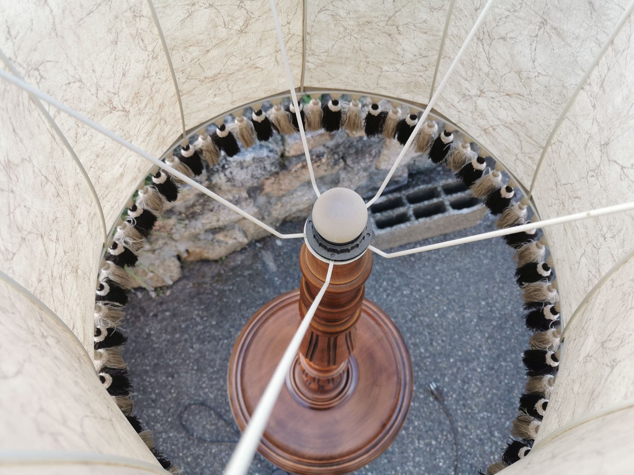 Turned wooden floor lamp with lampshade