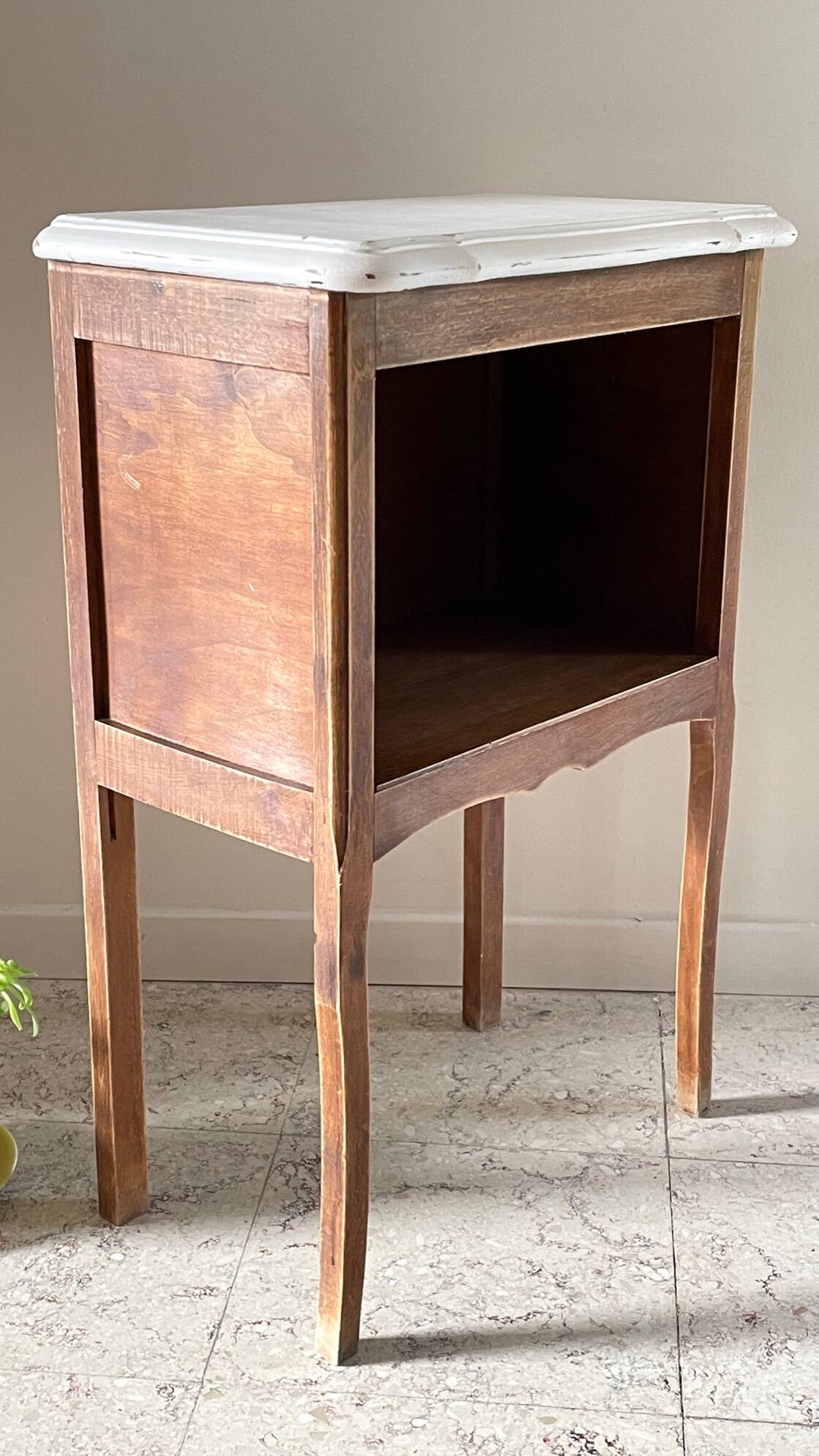 Vintage wood and white bedside table