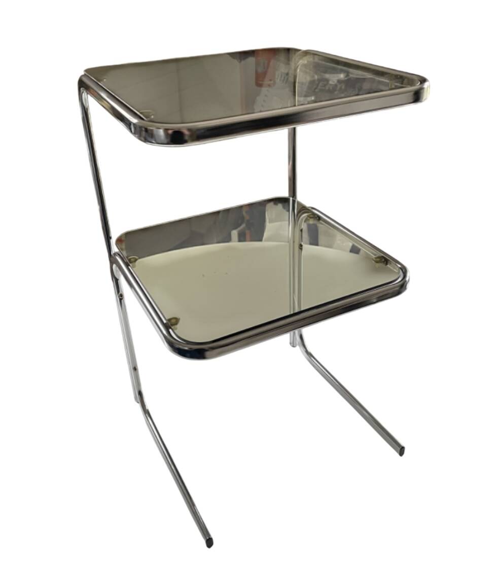 Vintage 1970s side table in smoked glass and chrome.