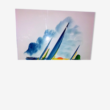 Aquarelle régate en mer signé daté