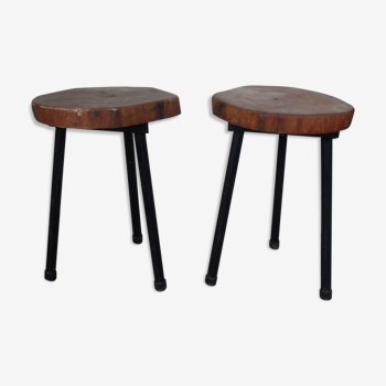 Pair of stools tripod in metal and wood log