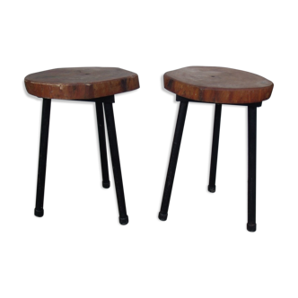 Paire de tabourets tripode en métal et rondin de bois