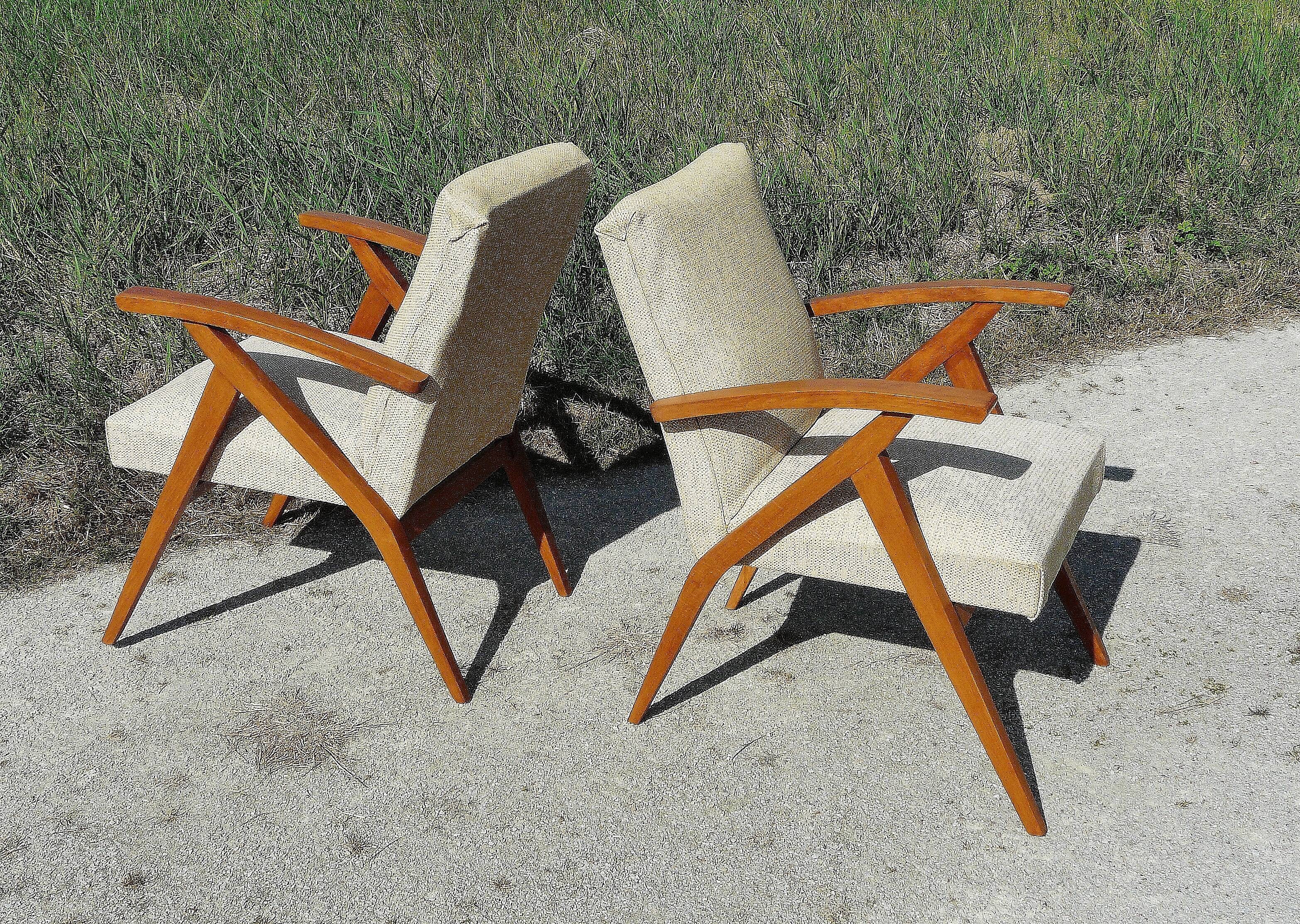 Pair of Scandinavian vintage armchairs in blond wood