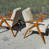 Pair of Scandinavian vintage armchairs in blond wood