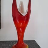 Designer vase in the shape of a tulip from the 70s, orange red blown glass, Dragan Drobnjak