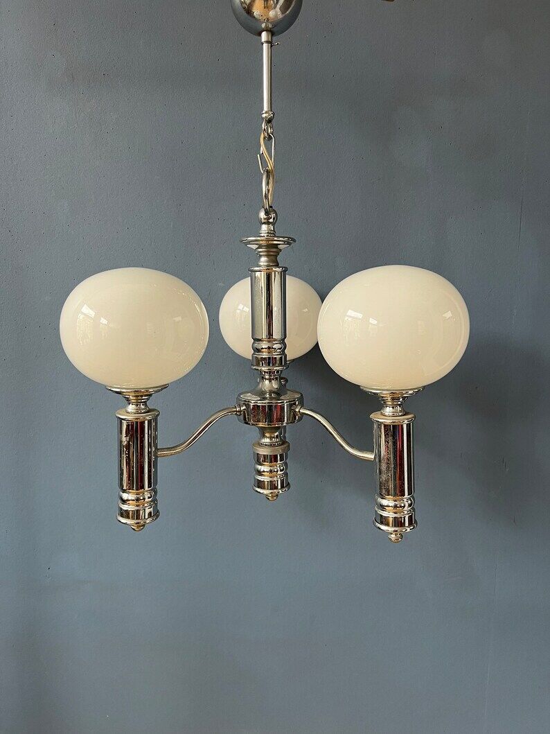 Mid-century white opaline glass chandelier with chrome frame