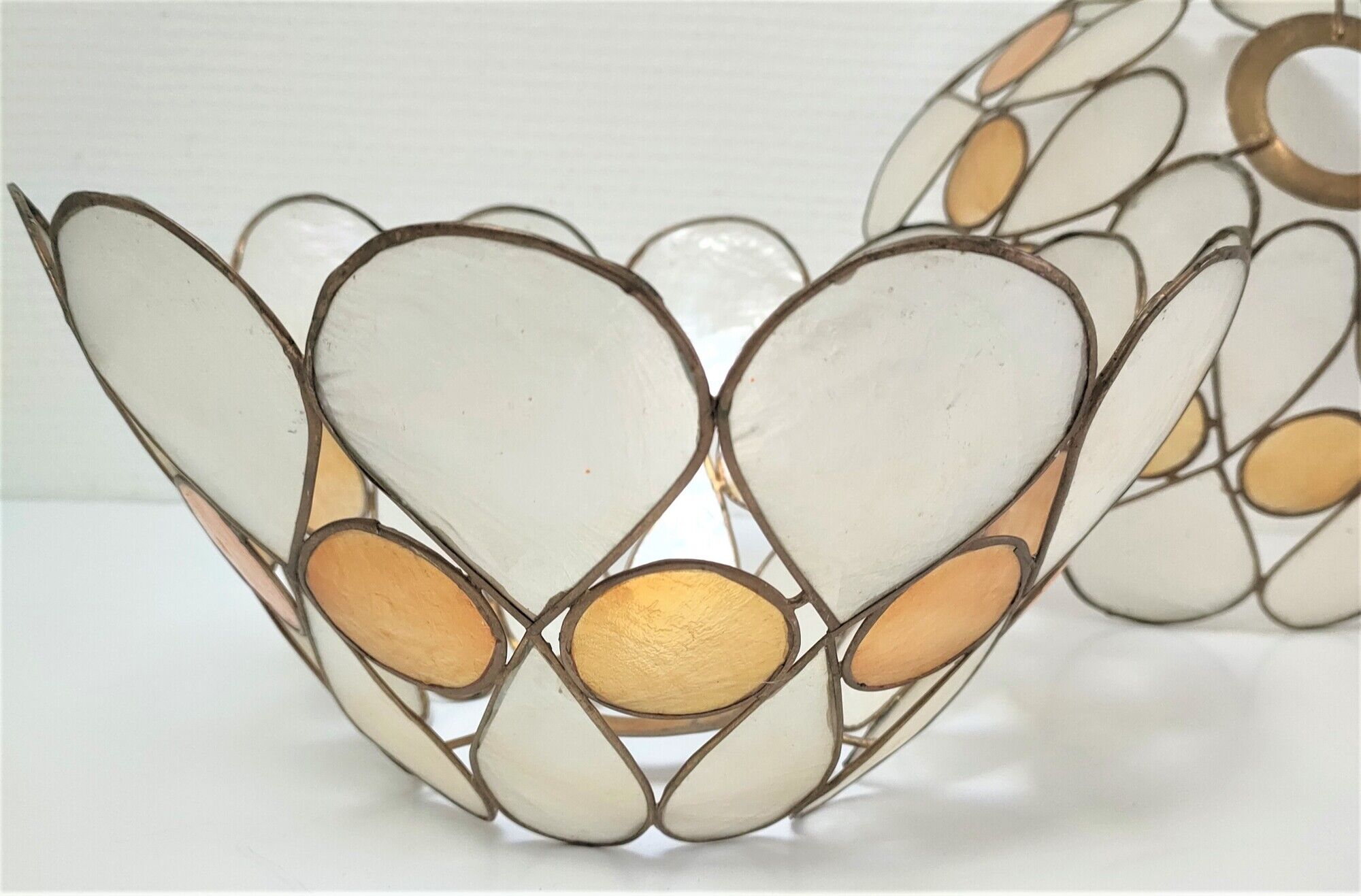 Pair of Capiz mother-of-pearl lampshade and vintage gilded metal