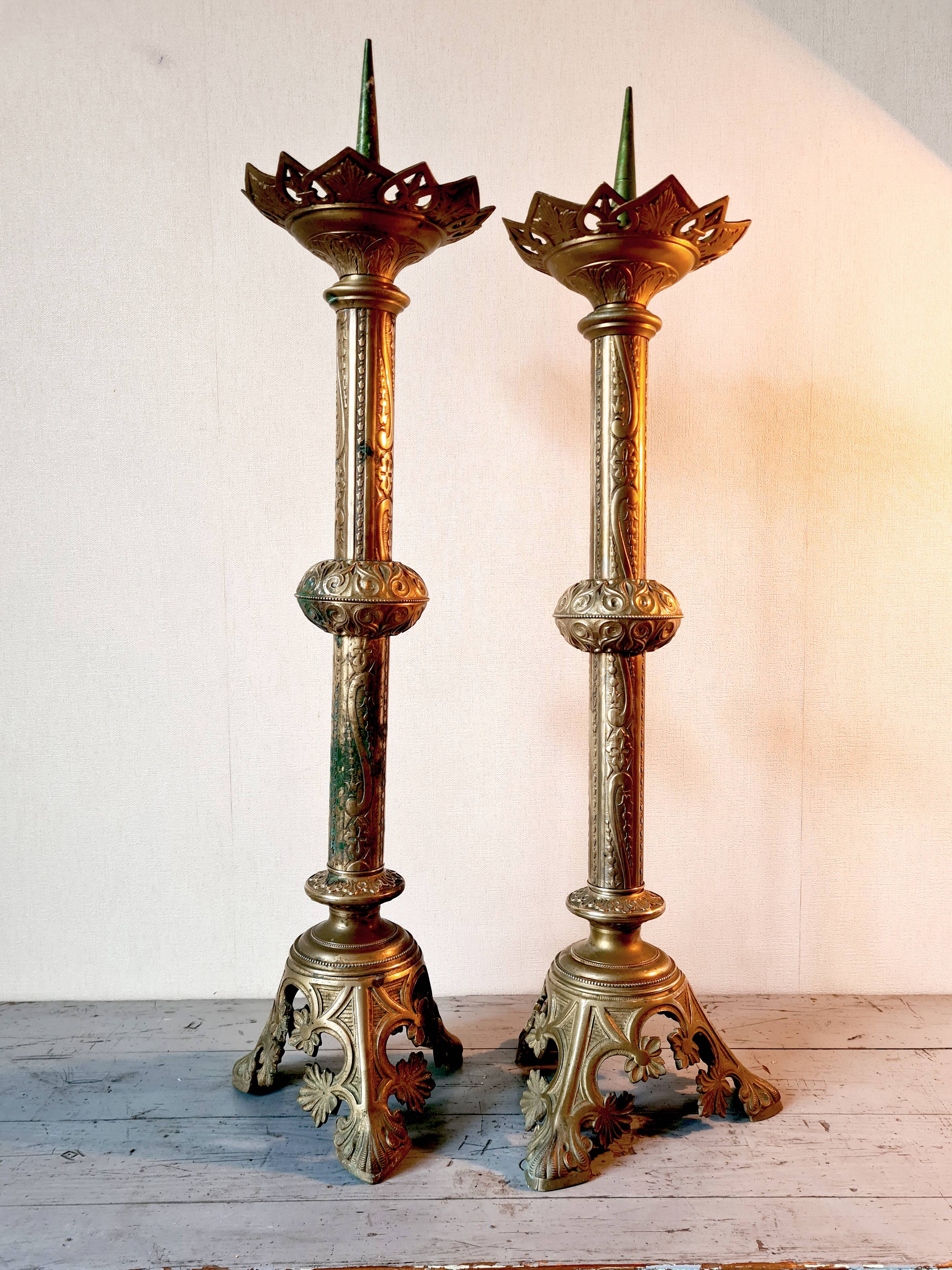 Pair of large Empire solid brass candlesticks – 78 cm
